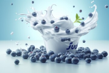 blueberries falling into milk, Whimsical Delight: Vibrant CGI Image of Flying Blueberries Colliding with a Wave of Yogurt, Against a Light Blue Backdrop