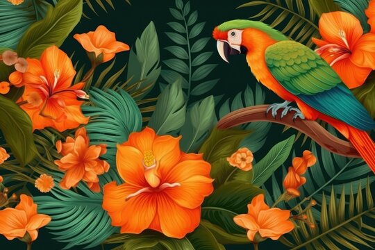 colorful parrot perched on a lush tropical tree branch with vibrant flowers in the background