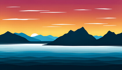 River landscape in the middle of the mountains with sunset in the background