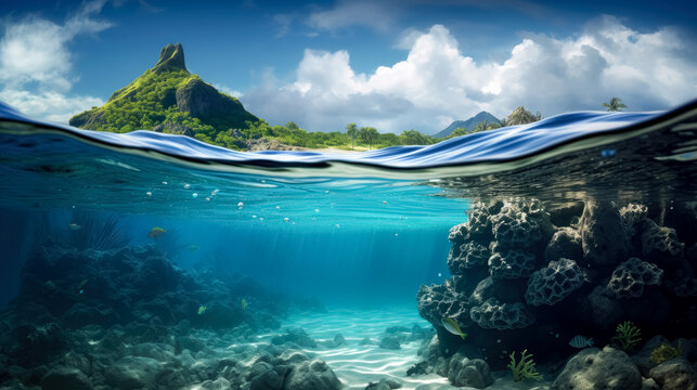 Ocean and the sun underwater, in the style of photorealistic landscapes, gray and blue, dramatic ocean wallpaper. 