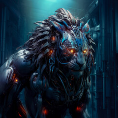Futuristic hunting Cyber lion, generative ai