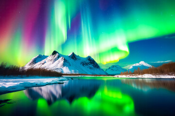 Vibrant hues of the Aurora borealis illuminate the night sky. Generative AI.
