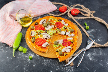 top view tasty mushroom pizza with red tomatoes green olives mushrooms with fresh tomatoes all over the grey desk pizza dough italian meat food