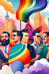 Illustration of the gay pride parade depicting the diversity and joyfulness of the lgbt community