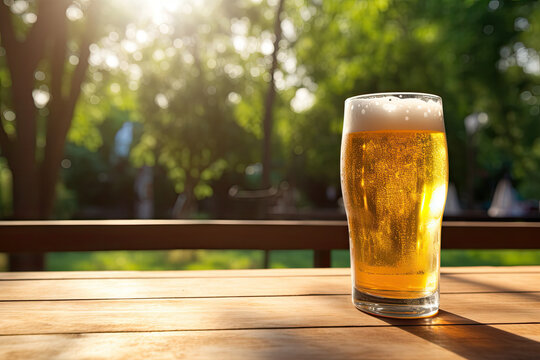 Cold glass of beer on a wooden table on a hot day