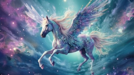 Obraz na płótnie Canvas The unicorn flying around with the moon and star