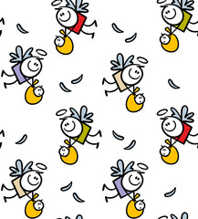 Seamless pattern of cute angel from heaven carries bag with newborn baby. Vector endless wallpaper for children decor with flying character.