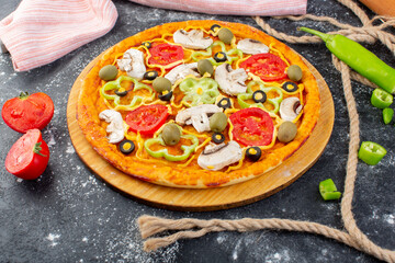 top view tasty mushroom pizza with red tomatoes olives mushrooms with fresh tomatoes all over the grey desk pizza dough italian food