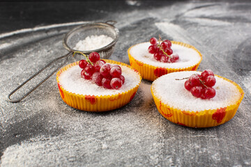 front close view delicious cranberry cakes baked and yummy with red cranberries on top grey desk cake biscuit sugar sweet