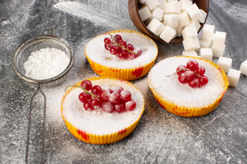 Obraz na płótnie Canvas front close view delicious cranberry cakes baked and yummy with red cranberries on top sugar pieces powder grey background cake biscuit sugar sweet