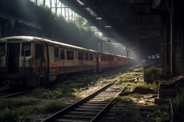 Obraz premium Post-apocalyptic city with abandoned train station and trains. Generative AI