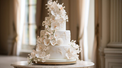 A stunning tiered wedding cake, adorned with intricate fondant details, delicate sugar flowers, and elegant designs, standing as the centerpiece of a joyous celebration Generative AI