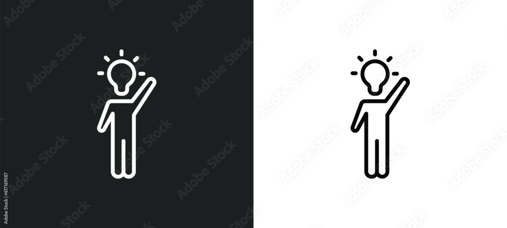 Poster man with an idea line icon in white and black colors. man with an idea flat vector icon from man wit