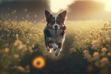 dog running in green flowers field closeup sunlight mor, Generative AI