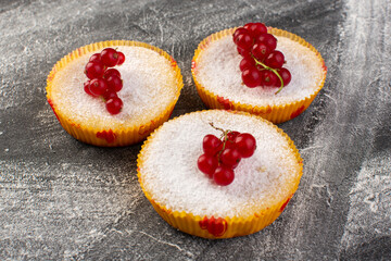 front close view delicious cranberry cakes baked and yummy with red cranberries on top grey background cake biscuit sweet bake