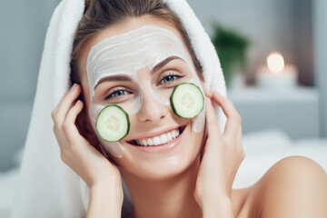Happy and smiling young woman with facial mask and slices of fresh cucumber on her face 