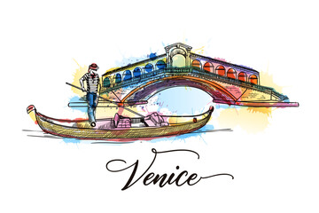 Travel to Italy Venice. Vector sketch illustration of Rialto Bridge gondola gondolier on colorful watercolor backgorund - obrazy, fototapety, plakaty