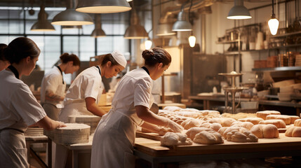 Fototapeta na wymiar A behind-the-scenes glimpse of a busy bakery kitchen, with bakers in action, mixing ingredients, shaping dough, and carefully attending to each stage of the baking process Generative AI