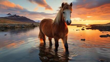 majestic pony walking through water with vibrant orange sunset  - obrazy, fototapety, plakaty