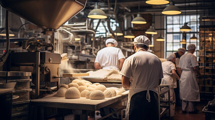 A behind-the-scenes glimpse of a busy bakery kitchen, with bakers in action, mixing ingredients, shaping dough, and carefully attending to each stage of the baking process Generative AI