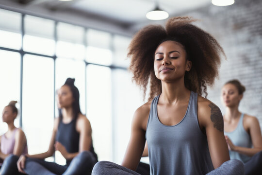 Group of mixed race smiling women practicing yoga in the gym