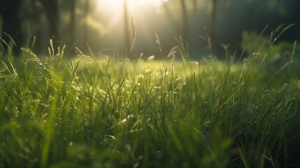 green grass fields in forest morning sunlight bokeh real, Generative AI