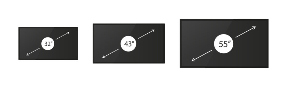 Realistic screen 32, 43, 55 inches collection. Screen inches size. Screen diagonal size in 32, 43, 55 inches. Screen icon set in realistic style on transparent background. Vector illustration