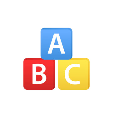 Alphabet cubes with A,B,C letters in flat. Building blocks with alphabet English letters, logo design element, concept of children game symbol, education. Vector illustration