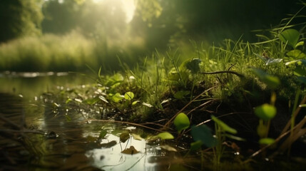 green leaves and green grass near stream morning sunlig, Generative AI