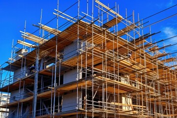 Multi-storey building under construction with scaffolding against blue sky