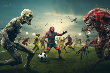 Obraz na płótnie Canvas Evil nightmare alien monsters playing football on the field. Scary illustration of monsters having fun. Generated by AI