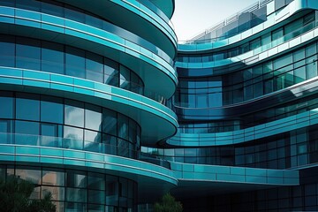 Modern office building with blue glass facade. Architectural detail. 3d rendering