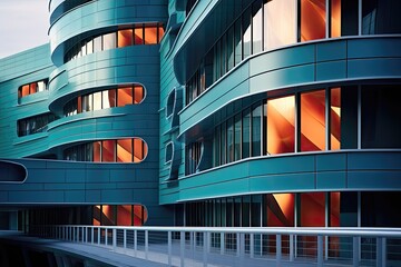 3D render of a modern office building with glass facade and reflection