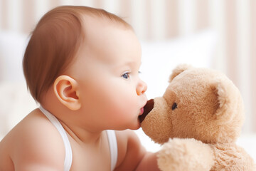 Cute little baby kissing his teddy bear, side view. Generative AI