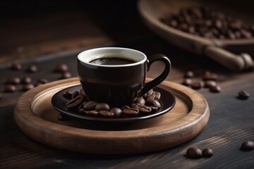Espresso Cup With Beans On Wooden Table generated by AI