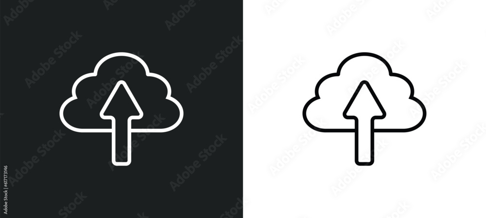 Poster upload to cloud line icon in white and black colors. upload to cloud flat vector icon from upload to
