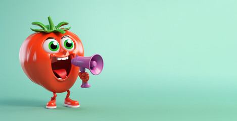 Fototapeta premium 3d tomato mascot making an announcement with megaphone. Empty Copy Space for text. Generative AI.