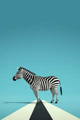 Fototapeta na wymiar 3d zebra animal walking over zebra crosswalk. Empty Copy Space for text. Generative AI.