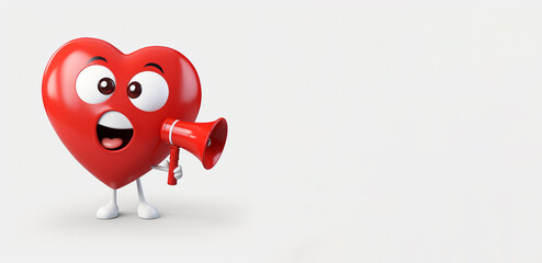 3d heart mascot making an announcement with megaphone. Empty Copy Space for text. Generative AI.