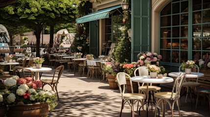 A picturesque outdoor café, adorned with charming patisserie treats on display, where patrons can enjoy their coffee accompanied by beautiful pastries and the gentle breeze Generative AI