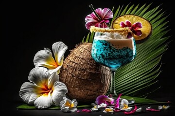 Tropical cocktail on a black background generated by AI