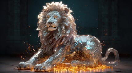 Lion decorated in clear crystals is standing on a platform