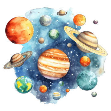 Watercolor Clip Art of Space Planets