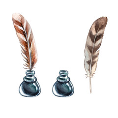 Writer's set of ink and pen. Watercolor hand drawn illustration of an old inkwell and feathers for writing on a white background. Clipart for the design of the author's blog.