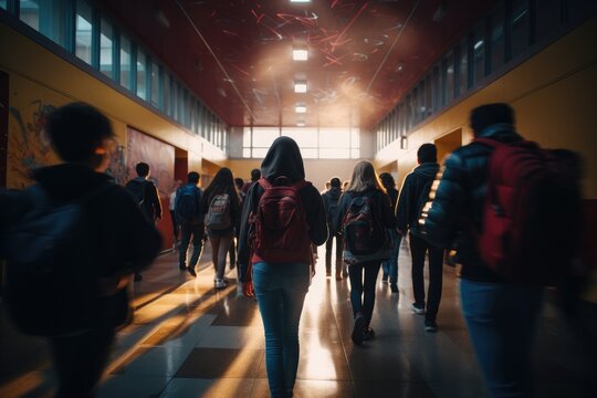 Photo of students, walking down corridor at school, by Generative AI