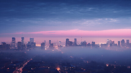 Fototapeta premium A bustling cityscape at dawn, viewed from a high rise building, city lights twinkling like stars, sky transitioning from a deep blue to a warm pink