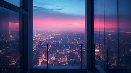 A bustling cityscape at dawn, viewed from a high rise building, city lights twinkling like stars, sky transitioning from a deep blue to a warm pink