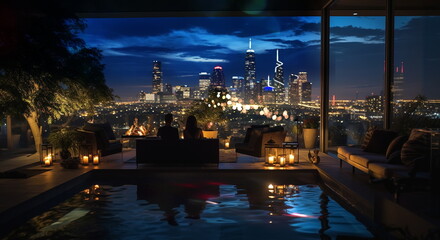 Fototapeta na wymiar modern bedroom hot tub on patio suite big windows view on at blue night city,generated ai