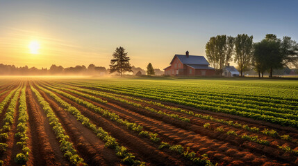Obraz premium Agricultural panorama at sunrise, freshly plowed field in the foreground, various crops in full bloom, iconic red barn and traditional farmhouse in the distance, lush greenery, trees providing natural