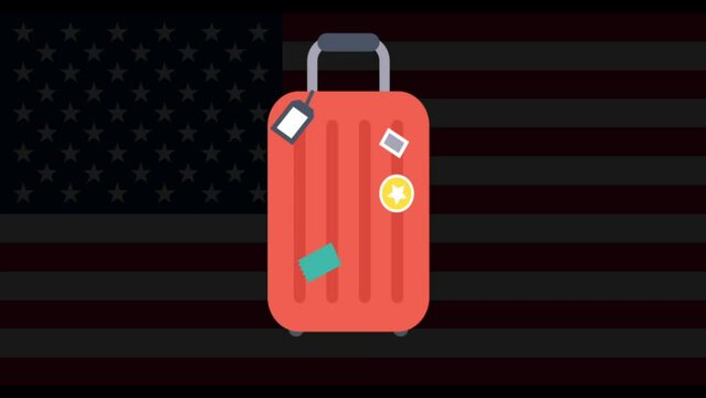 Red suitcase icon aeroplane icon and map animated icons on USA Vingette Flag World traveling concept animated video world tour 